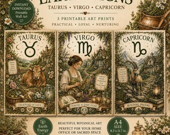 Earth Signs Zodiac Printable Art Set: Taurus, Virgo, Capricorn Botanical Prints (Digital Download)