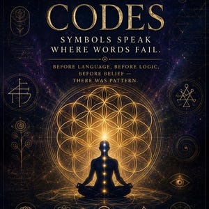 May include: A dark poster titled SACRED CODES with gold text and geometric symbols. It features a central silhouette of a person in a meditative pose against a glowing flower of life pattern, surrounded by various circular icons and text labels.