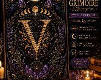 Personalized Grimoire Wall Art, Witchy Monogram Print, Celestial Initial Decor, Gothic Home Decor, Moon Phase Artwork, Dark Academia Gift