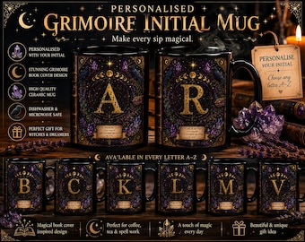 Personalised Grimoire Initial Mug, Witchy Monogram Mug, Celestial Letter Cup, Gothic Coffee Mug, Raven Moon Gift