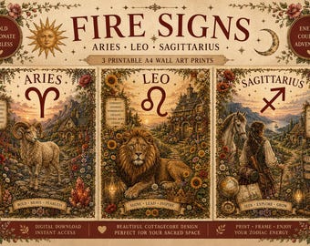 Fire Signs Zodiac Print Set: Aries, Leo, Sagittarius Cottagecore Wall Art (Digital Download)