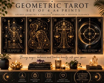Geometric Tarot Print Set 4 Sacred Geometry Wall Art Prints Modern Tarot Decor A4 Digital Download Gold Mystic Printable