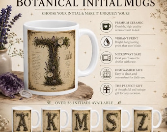 Personalised Herbal Initial Mug, Witchy Monogram Mug, Celestial Letter Cup, Gothic Coffee Mug, Raven Moon Gift