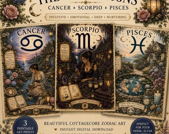 Water Signs Zodiac Print Set: Cancer, Scorpio, Pisces Botanical Cottagecore (Digital Download)