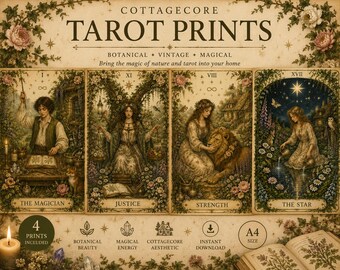 Cottagecore Tarot Prints Set Botanical Tarot Wall Art The Magician, Justice, Strength & The Star A4 Printable Download