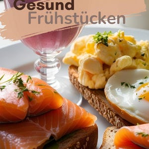 Könnte beinhalten: Ein Frühstücksteller mit einem lila Smoothie, Rührei, einem Spiegelei und Toast mit Lachs. Der Text "Gesund Frühstücken" und "20 Kinderleichte Rezepte zum nachmachen" ist im Bild enthalten.
