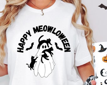 Halloween Happy Meowloween Ghost and Cat White Unisex T-Shirt, Halloween Party Tee Cat Lover Gift