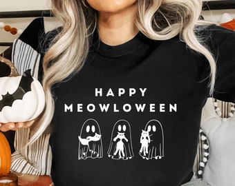 Halloween Tee, Happy Meowloween Ghost Holding Cat Unisex Cat Lover Spooky T-shirt, Fall T-Shirt Gift