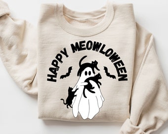 Halloween Sweatshirt, Happy Meowloween Sweatshirt, Cat Lover Sweatshirt, Halloween Gift, Fall Sweatshirt, Ghost and Cat Sweatshirt