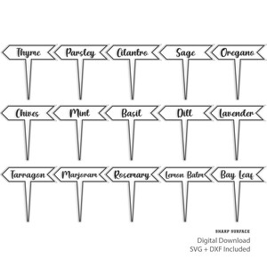 May include: A set of twelve white herb garden markers with black text labels. Each marker has a pointed stake and a horizontal arrow-shaped label. Herbs labeled include Thyme, Parsley, Cilantro, Sage, Oregano, Chives, Mint, Basil, Dill, Lavender, Tarragon, Marjoram, Rosemary, Lemon Balm, and Bay Leaf.