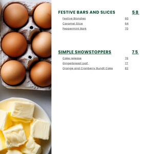 Może przedstawiać: Zdjęcie z fotografii kulinarnej z brązowymi jajkami w kartonie i kostkami masła na talerzu. Tekst zawiera "Festive Bars and Slices" i "Simple Showstoppers" z pozycjami menu.