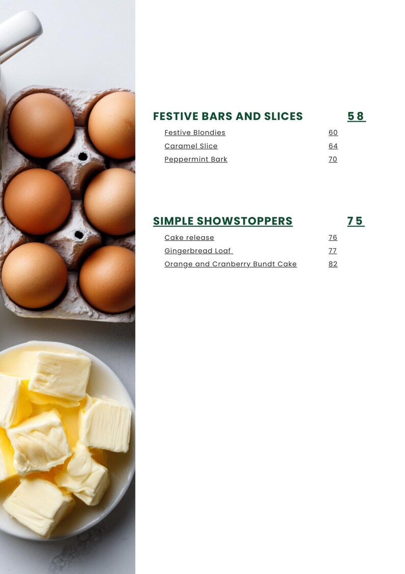 Może przedstawiać: Zdjęcie z fotografii kulinarnej z brązowymi jajkami w kartonie i kostkami masła na talerzu. Tekst zawiera "Festive Bars and Slices" i "Simple Showstoppers" z pozycjami menu.