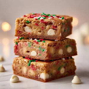 Może przedstawiać: Stos trzech kwadratowych wypiek&oacute;w, prawdopodobnie brownie lub blondie, z białymi kawałkami czekolady i kolorową posypką. Smakołyki mają złoty brązowy kolor i lekko teksturowaną powierzchnię.