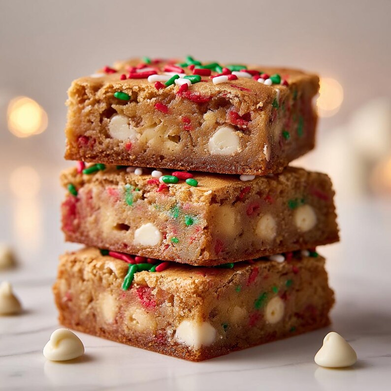 Może przedstawiać: Stos trzech kwadratowych wypiek&oacute;w, prawdopodobnie brownie lub blondie, z białymi kawałkami czekolady i kolorową posypką. Smakołyki mają złoty brązowy kolor i lekko teksturowaną powierzchnię.