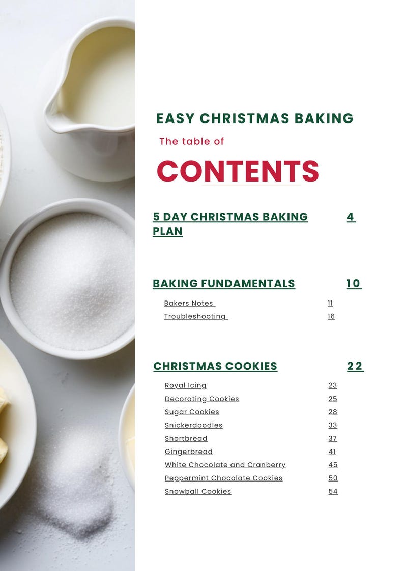 Może przedstawiać: Strona książki kucharskiej zatytułowana &bdquo;Easy Christmas Baking&rdquo; ze spisem treści. Treść obejmuje 5-dniowy plan pieczenia, podstawy pieczenia i przepisy na świąteczne ciasteczka, takie jak piernik i ciasteczka cukrowe.