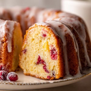 Może przedstawiać: Kawałek ciasta babka z czerwonymi żurawinami i białym lukrem. Ciasto leży na ozdobnym talerzu, z kilkoma kandyzowanymi żurawinami z przodu. Ciasto ma złocistobrązową sk&oacute;rkę i jasnoż&oacute;łte wnętrze.