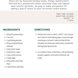 Może przedstawiać: Przepis na świąteczne blondies. Składniki to mąka, s&oacute;l, proszek do pieczenia, masło, cukier, ekstrakt waniliowy, jajka, białe kawałki czekolady i posypka. Czas przygotowania: 20 minut, pieczenia: 30 minut, porcji: 16.