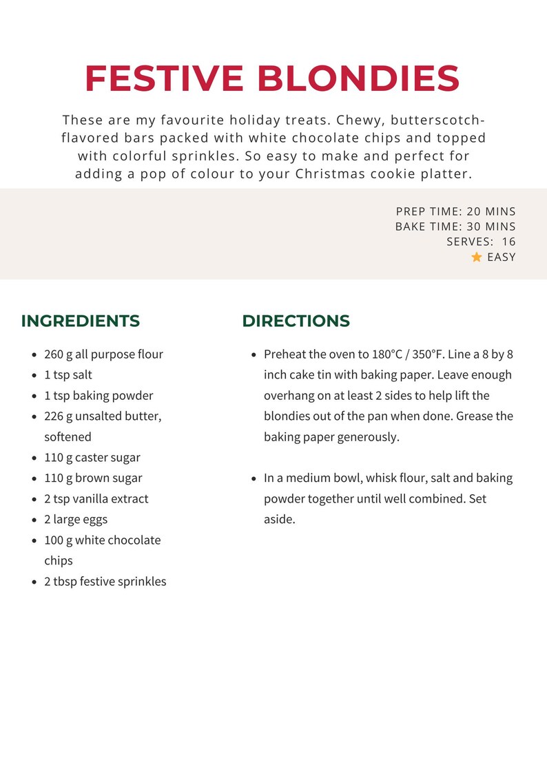 Może przedstawiać: Przepis na świąteczne blondies. Składniki to mąka, s&oacute;l, proszek do pieczenia, masło, cukier, ekstrakt waniliowy, jajka, białe kawałki czekolady i posypka. Czas przygotowania: 20 minut, pieczenia: 30 minut, porcji: 16.
