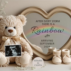 Rainbow Baby Pregnancy Announcement Digital Download – Gender Neutral Baby Reveal,  Editable template for social media, After every storm