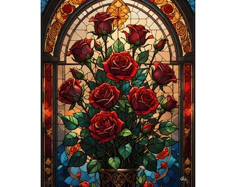 Stained Glass Inspired Rose Bouquet Poster: Elegant Floral Wall Art