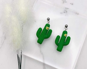 Handmade Cactus Plant Lover Polymer Clay Dangle Earrings on Ball Post