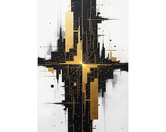Póster de satén geométrico abstracto dorado y negro / Impresión minimalista de arte mural