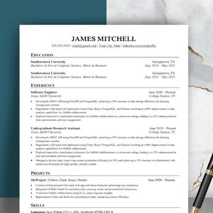 May include: A black and white resume with the name James Mitchell at the top. The resume lists education, experience, projects, and skills. The resume is on a white background.