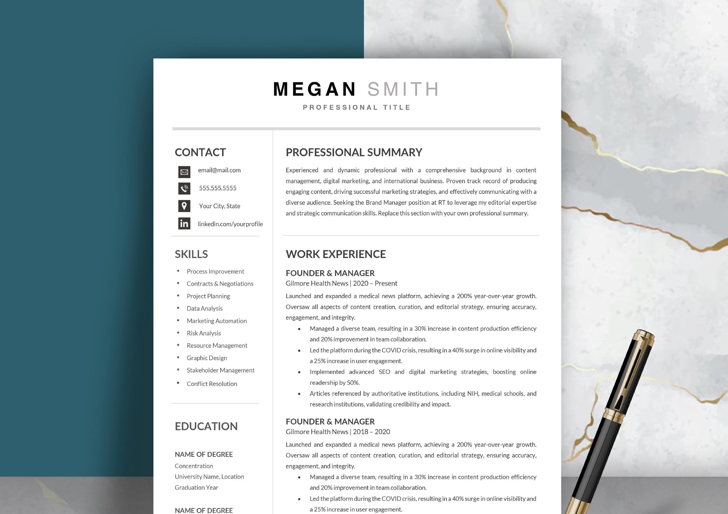 2025 Modern Professional Resume Template • 1 and 2 Page CV with Cover Letter for Job Seekers • Clean, Customizable, ATS-Friendly, MS Word