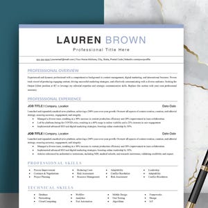 May include: A professional resume template with a blue and grey colour scheme. The resume is for Lauren Brown, who is seeking a professional title. The resume includes sections for professional overview, professional experience, professional skills, and technical skills.