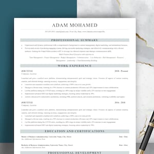 May include: A professional resume template with the name "ADAM MOHAMED" at the top. The resume includes sections for professional summary, work experience, and education. A black and gold pen rests on the right side of the resume.