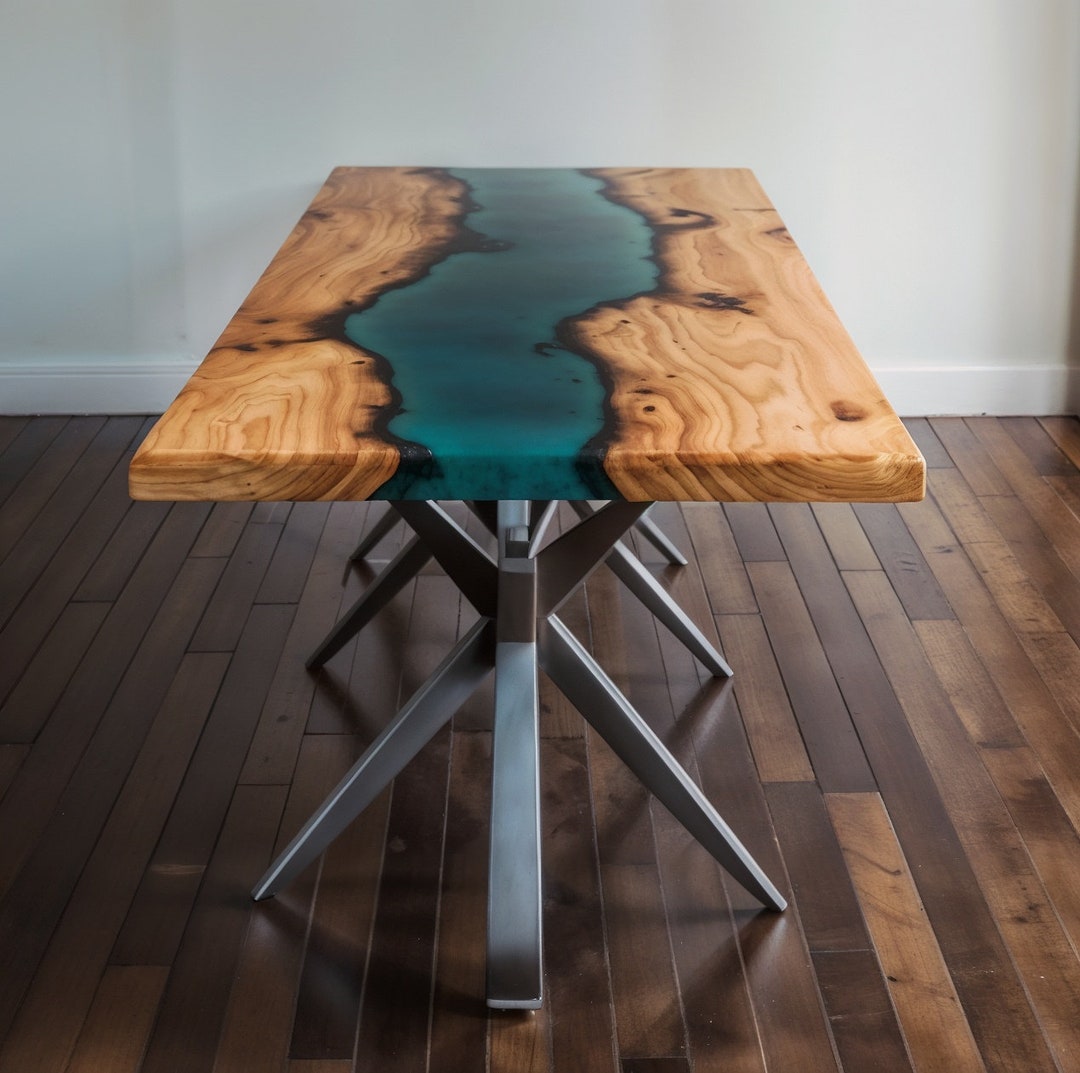 Wooden Epoxy River Dining Table, Blue Epoxy Living Room Table, Unique