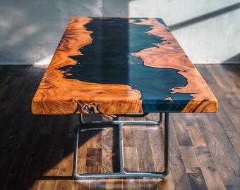 Aangepaste esdoornhouten epoxyharstafel, handgemaakte massief houten keukentafel met harsrivier, moderne rustieke meubels voor woonkamer