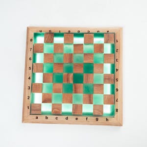Epoxy green LED chessboard, 40th anniversary gift, handmade oak backlit chess board, personalized chess board game, wood anniversary gift