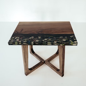 Low Square Coffee Table with Resin and Dried Flowers, Living Room Decor, Home Gift, Preserved Flowers Walnut Table