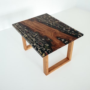 Dried flowers table, epoxy resin coffee table, bedside small table, olive wood table with floral, spa salon table, low unique lobby desk