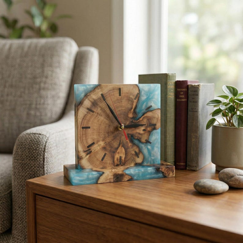 Handmade Table Clock With Wood and Epoxy Resin, Modern Desk Decor ...