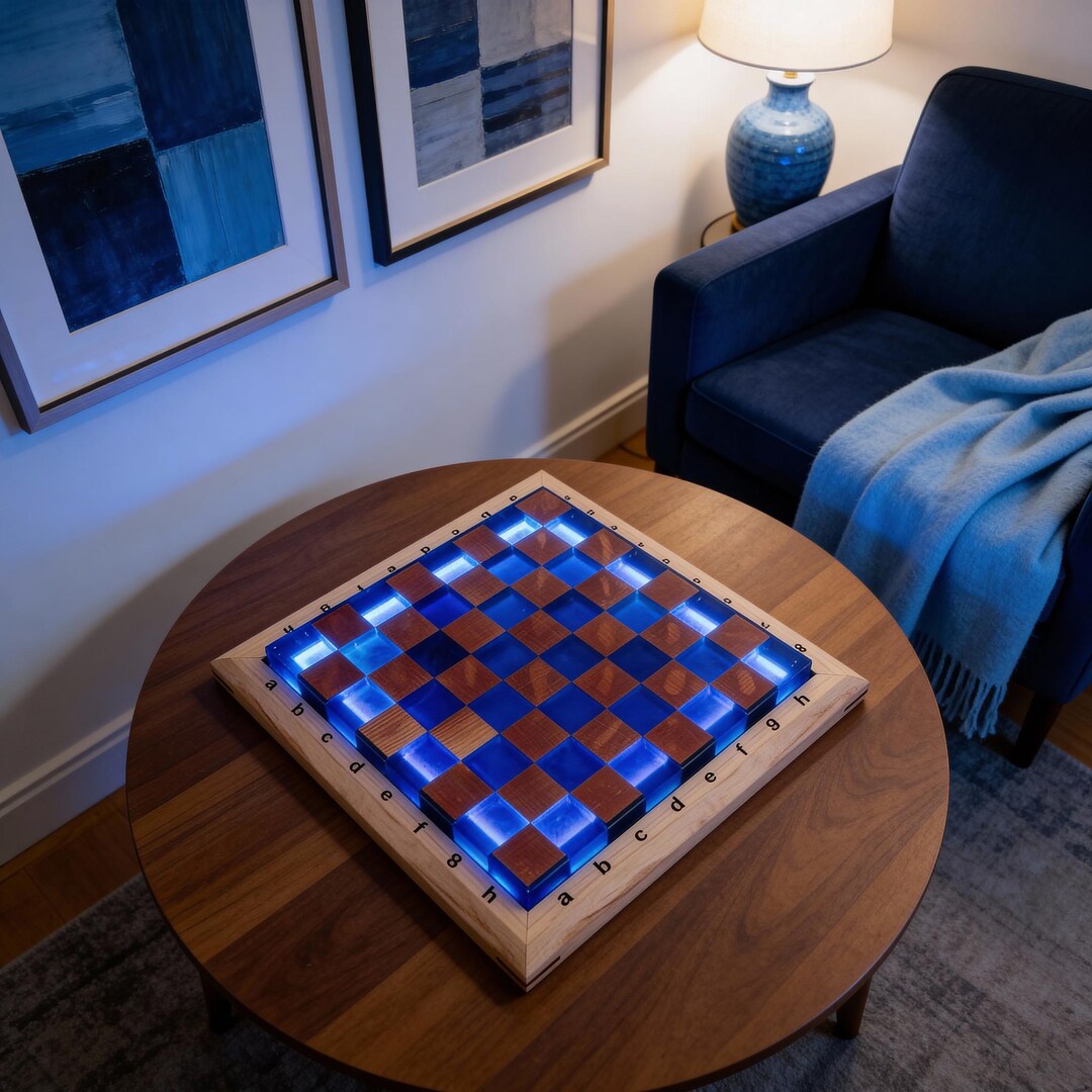 Handmade Oak Wood Chess Board With Epoxy Resin Blue RGB Lighting ...