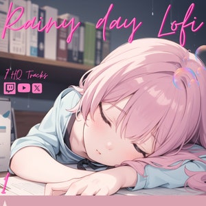 Peut inclure: Une illustration numérique d'une jeune fille aux cheveux roses dormant sur un bureau avec un livre et un crayon. L'arrière-plan est une image floue d'une bibliothèque et de la pluie qui tombe. Le texte "Rainy day Lofi" est écrit en lettres roses en haut de l'image. Le texte "7 HQ Tracks" est écrit en lettres blanches sous la tête de la fille. Il y a trois icônes sous le texte : une icône Twitch, un bouton de lecture et un bouton de fermeture.