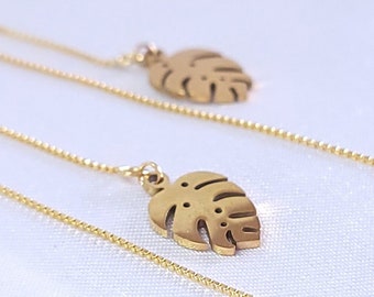 Gold Monstera Leaf Threader Earrings, 18K Gold Plated Sterling Silver, MONTHREAD