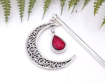 Silver Crescent Moon Hair Stick with Red Teardrop Gem, Hair Accessories