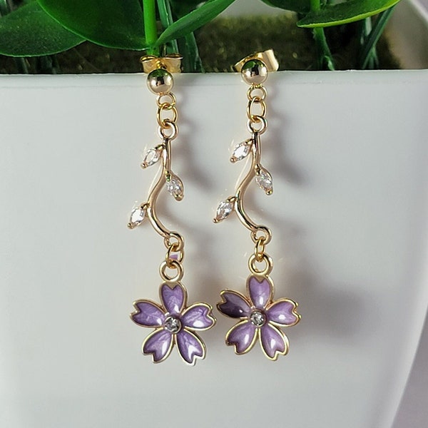 Gold and Lavender Purple Cherry Blossom Earrings, HANAMI E2, Hypoallergenic, Clip On Option Available