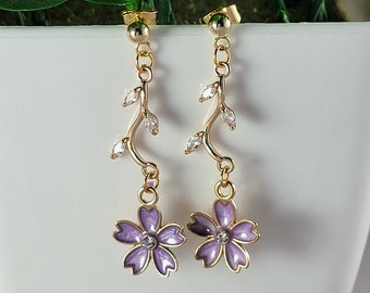 Gold and Lavender Purple Cherry Blossom Earrings, HANAMI E2, Hypoallergenic, Clip On Option Available