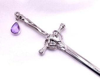 Silver Long Sword Style Hair Stick, 9 Inch, For Thick Hair