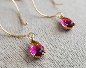 18K Gold Plated Threader Earrings: Magenta Ombre Gem, K-Drama Inspired