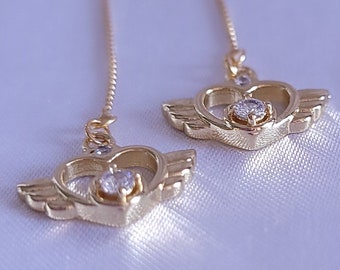 Gold Magical Girl Threader, 18k Gold Plated Sterling Silver Thread Earrings, Heart Locket Wing