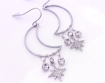 Wire Wrapped Moon with Stars, SMOONE1, Unique Celestial Earrings, Hypoallergenic