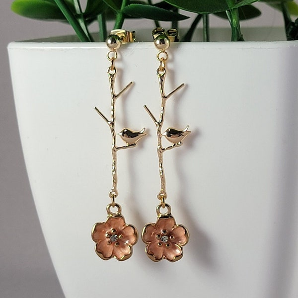 Gold and Peach Cherry Blossom Earrings, HANAMI E1, Hypoallergenic, Clip On Option Available