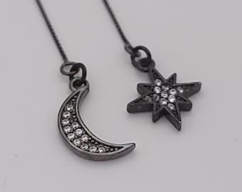 Cubic Zirconia Moon and Star Threader Earrings, Gunmetal Sterling Silver