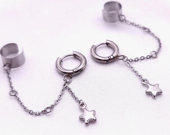 Silver or Gold Star Hoop Earring with Cuff, Hypoallergenic, Clip-On Option Available