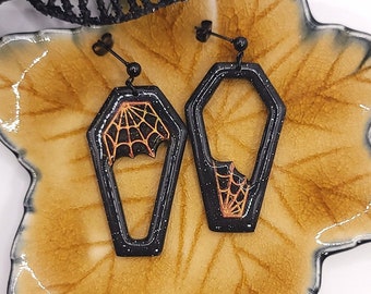 Shimmer Black Coffin Earrings, Spiderweb Statement Earrings